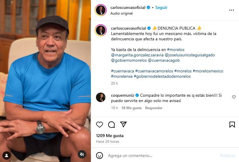 El cantante utilizó sus redes sociales para hacer la denuncia del asalto que vivió en una farmacia. (Foto: Captura de pantalla)