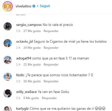 Captura de pantalla de comentarios en la publicación del Vive Latino en Instagram.