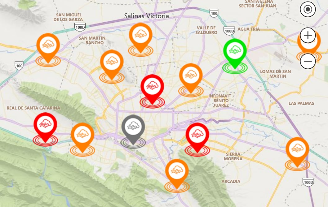 Así se encuentran las estaciones que miden la calidad del aire en Nuevo León; Monterrey, San Nicolás y otros municipios presentan muy mala calidad.