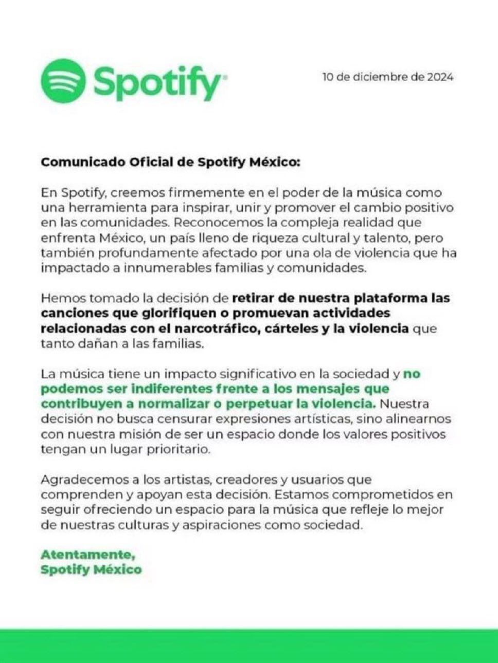 El supuesto comunicado de Spotify México no mencionaba los narcocorridos en específico.