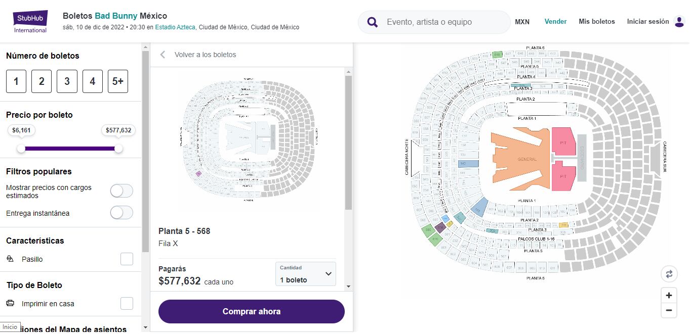 Los precios en reventa para el concierto de Bad Bunny en el Estadio Azteca alcanzan los 577 mil pesos (Foto: StubHub)