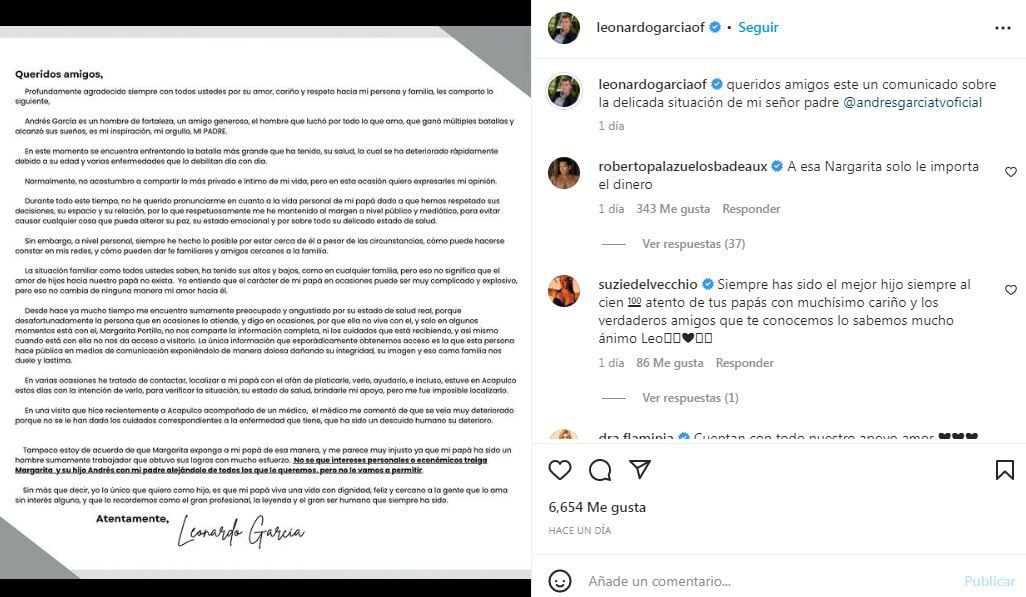 Captura de pantalla del comunicado de Leonardo García y el comentario de Roberto Palazuelos.