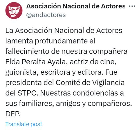 Comunicado de la muerte de la actriz Elda Peralta Ayala. (Foto: X / @andaactores)