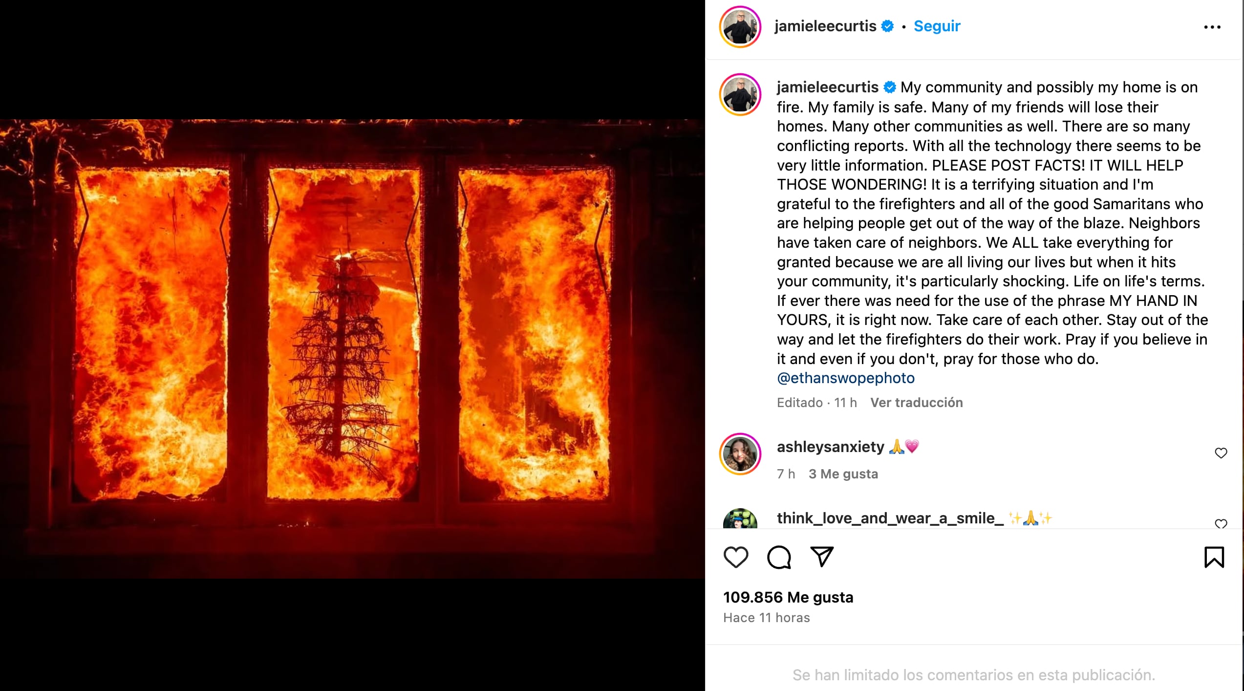 Celebridades como Jamie Lee Curtis han visto afectados sus vecindarios por los incendios en Los Angeles. (Foto: Instagram @jamieecurtis)