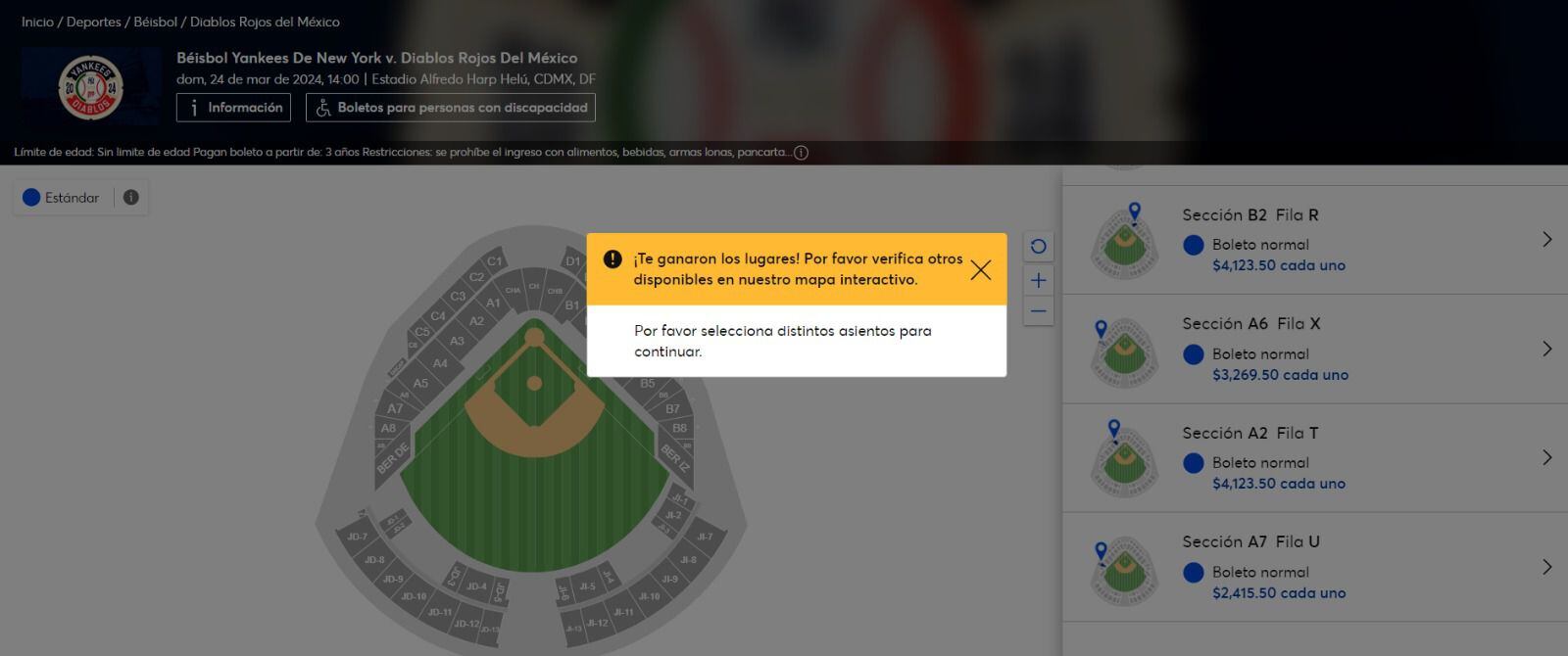 Captura de pantalla sobre la venta de boletos de Yankees vs. Diablos Rojos en Ticketmaster.