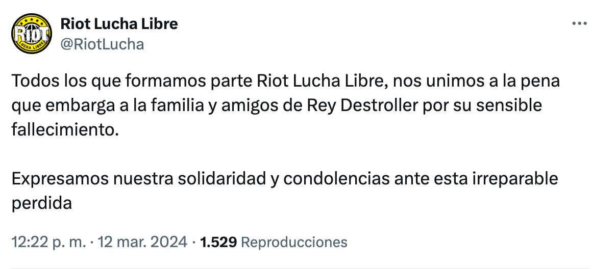 La agencia de lucha del mexicano informó su muerte después de días hospitalizado. (Foto: x @Riotlucha)