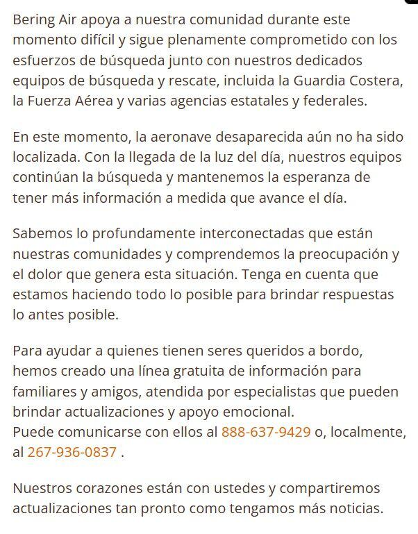 La aerolínea Bering Air, a la que pertenece el avión desaparecido, informó que continúan con las labores de búsqueda. 