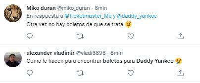 Conversación sobre 'boletos de Daddy Yankee' en Twitter.