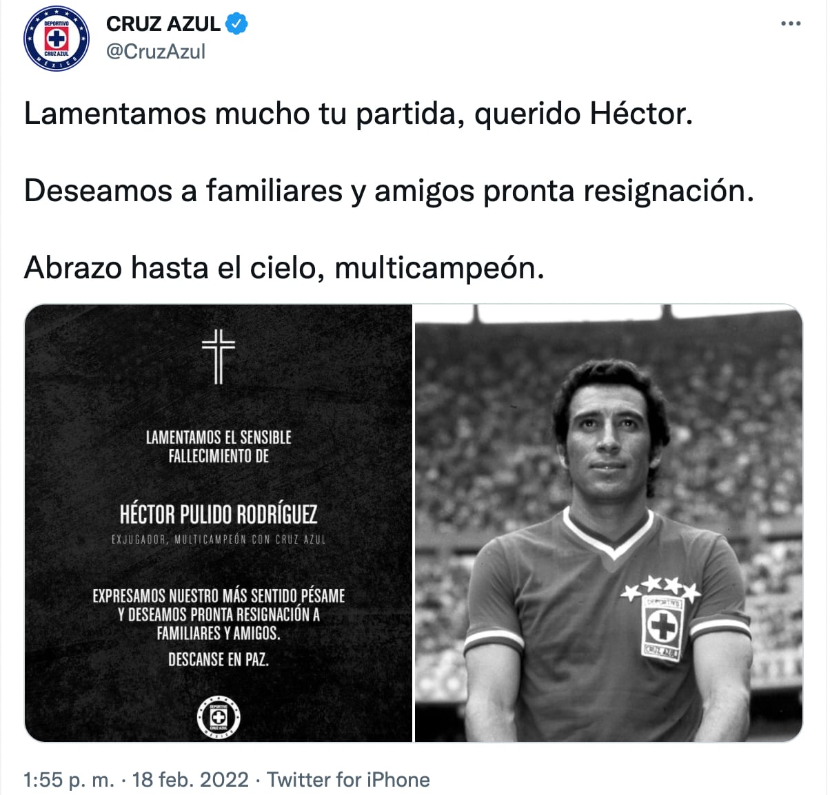 Cruz Azul manda pésame a familia de Héctor Pulido (Foto: Twitter @CruzAzul)