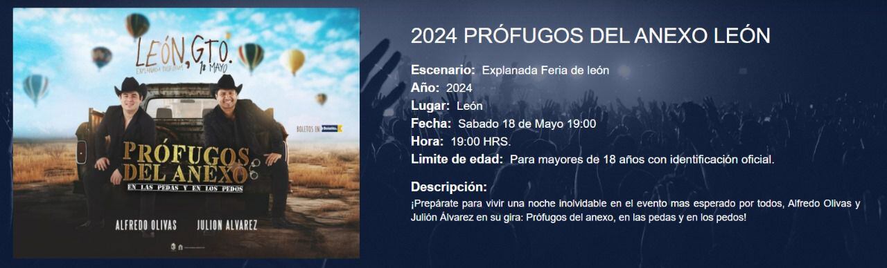 Página de Boletitos donde se ofrecen los boletos  para 'Prófugos del Anexo' en León. (Foto: Captura de pantalla)