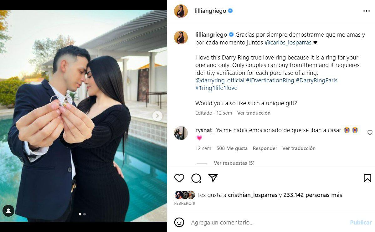 Carlos Parra y Lilian Griego se regalaron  anillos de amor verdadero de Darry Ring.