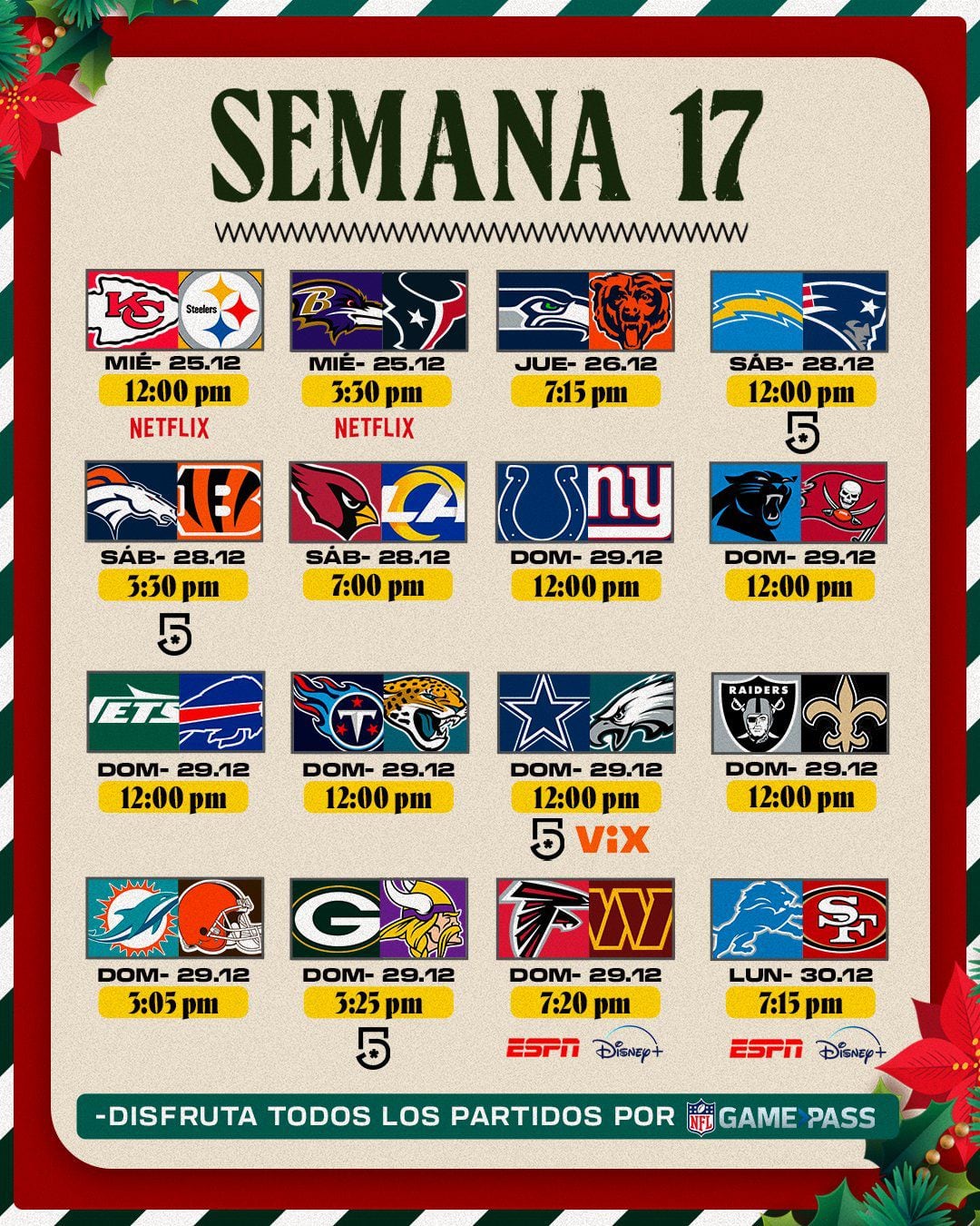 Horarios de la NFL en la semana 17. (Foto: @nflmx).