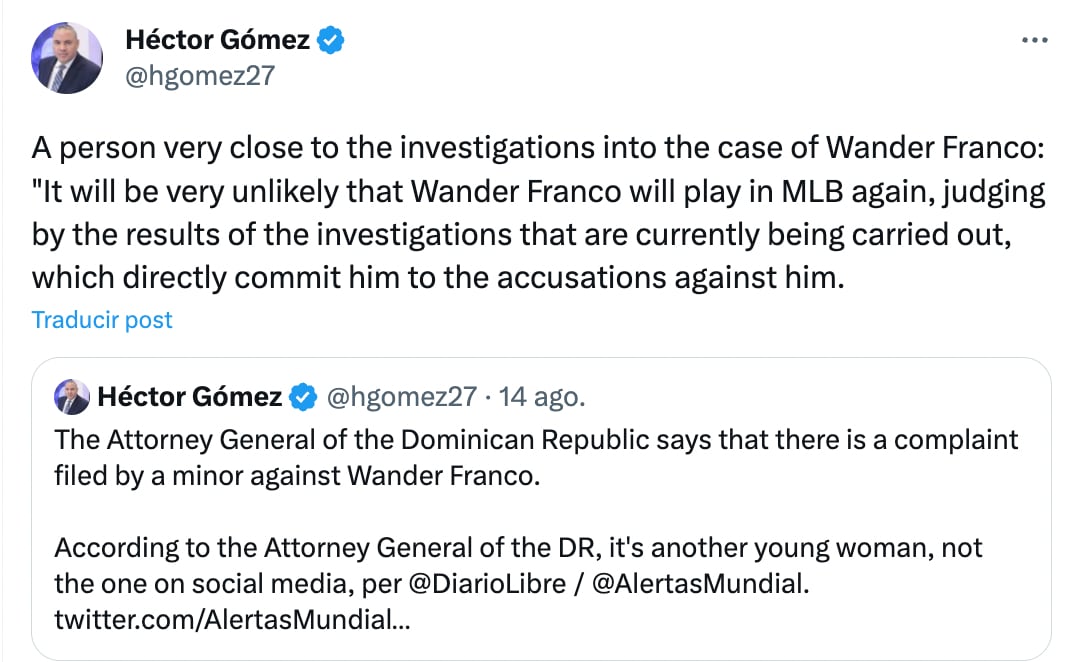 Héctor Gómez, insider de la MLB, informó sobre el caso de Wander Franco.