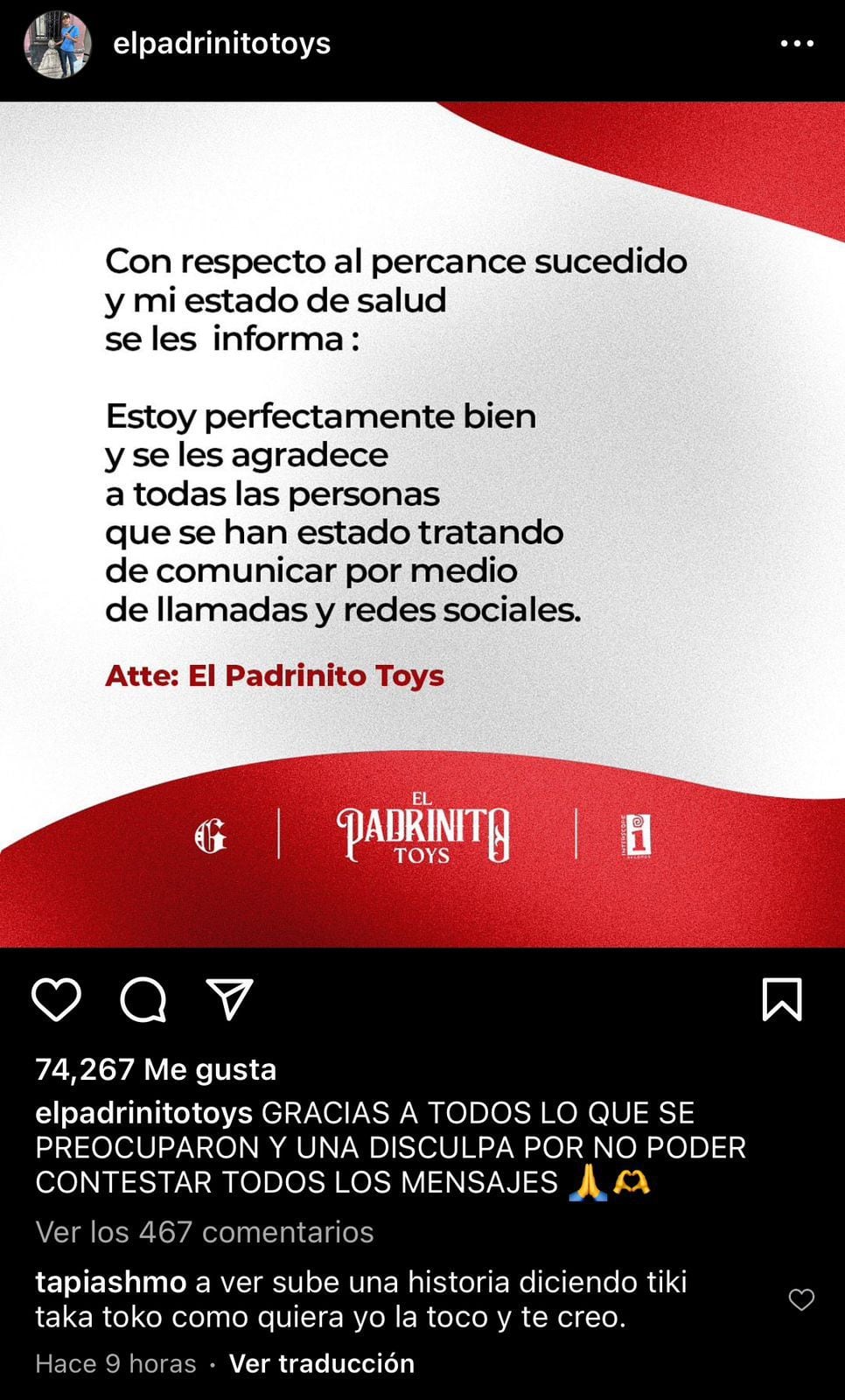 Comunicado de El Padrinito Toys en Instagram. (Foto: Captura de pantalla)