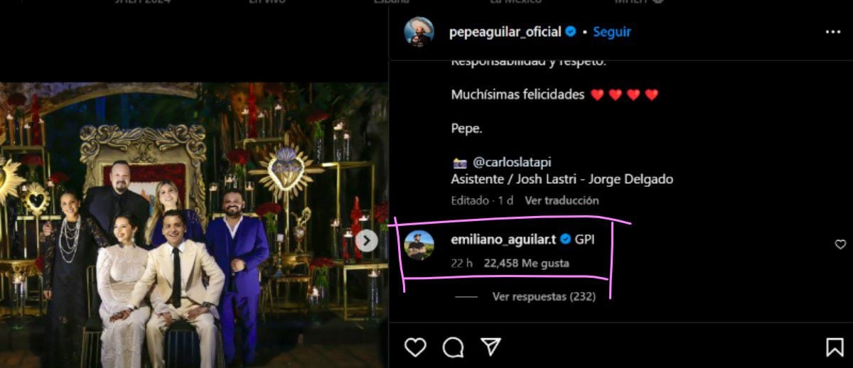 Comentario de Emiliano Aguilar en la publicación de Pepe Aguilar, en Instagram. (Foto: Captura de pantalla)