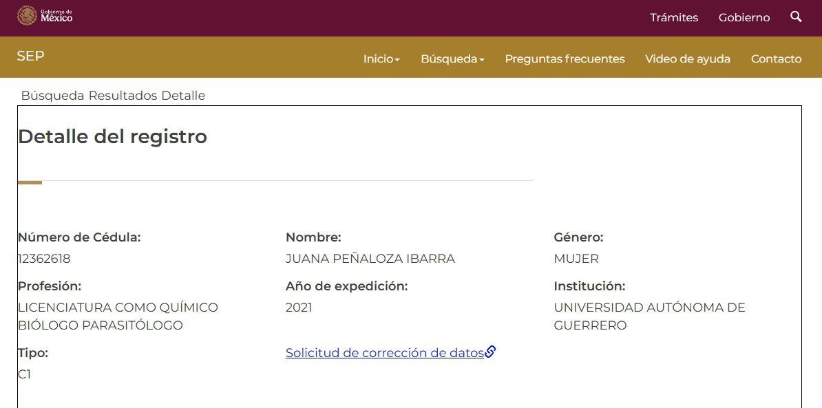 Consulta de cédula profesional de Juana Peñaloza Ibarra en la SEP.   