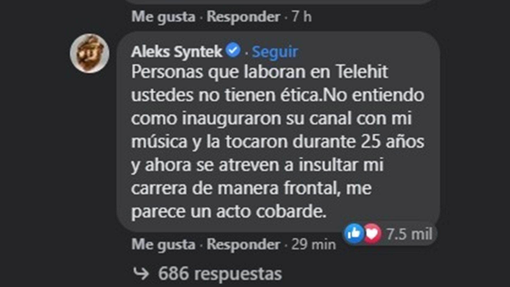 Más de siete mil personas reaccionaron a la respuesta de Aleks Syntek, quien contestó en la publicación original.