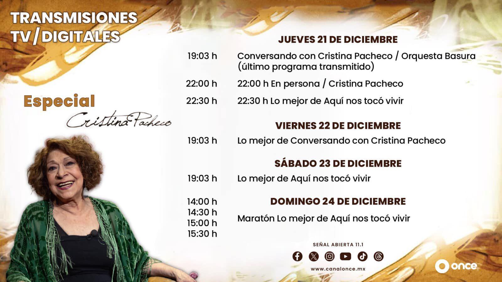 Programación especial en Canal Once tras fallecimiento de Cristina Pacheco. (Foto: Facebook @CanalOnceTV)