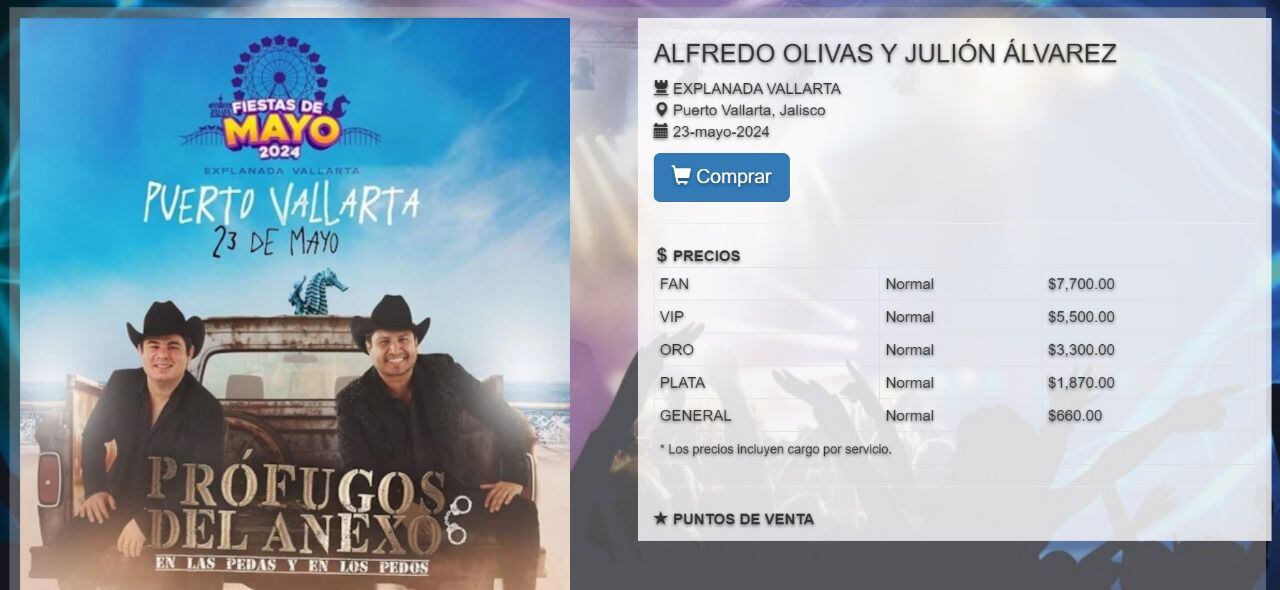 Página de TicketSTAR donde se ofrecen los boletos  para 'Prófugos del Anexo' en Puerto Vallarta. (Foto: Captura de pantalla)