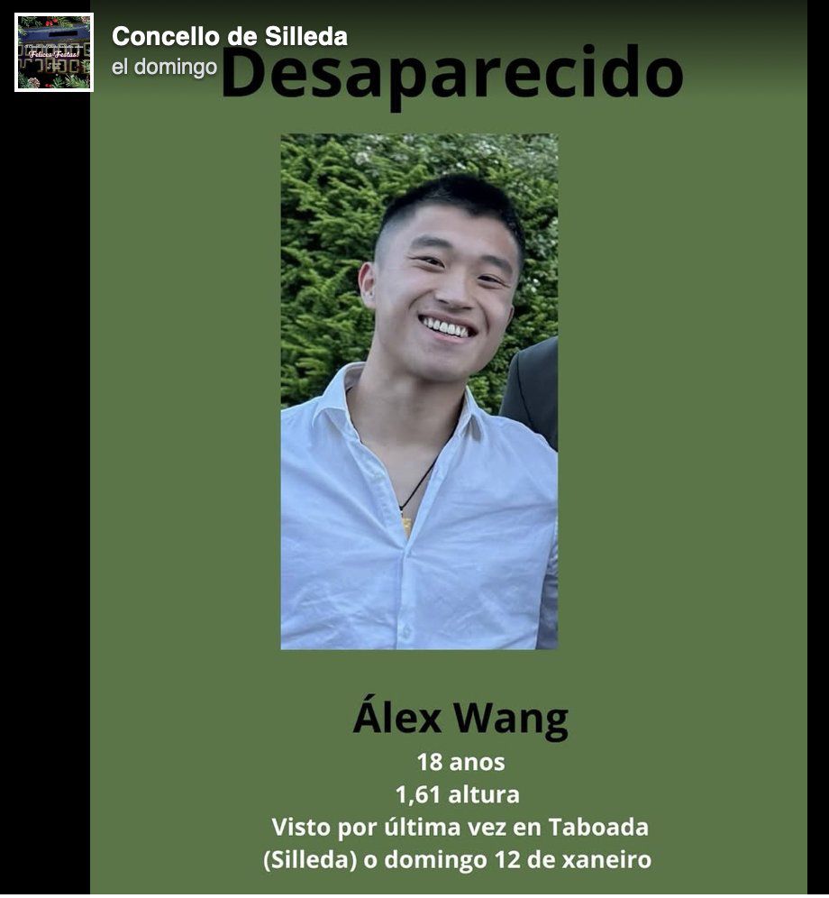 Alex Wang fue reportado como desaparecido desde el domingo 12 de enero de 2025. (Foto: Facebook Concello de Silleda) 