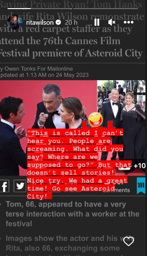 Rita Wilson explicó el polémico momento durante la alfombra roja en Cannes. (Foto: Instagram @ritawilson)