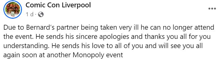 Mensaje de la cancelación de Bernard Hill en la Comic Con. (Foto: Facebook / @Comic Con Liverpool)