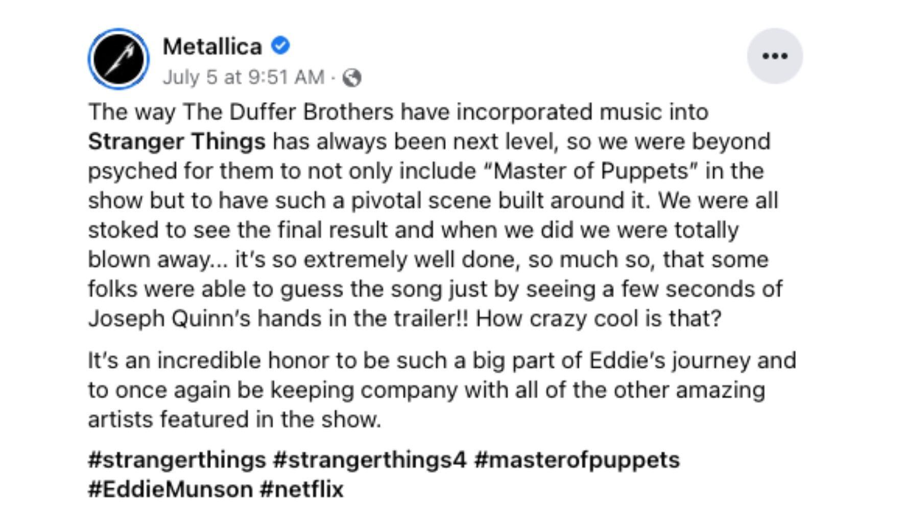 Metallica elogió a los creadores de ‘Stranger Things‘ por su cuarta temporada. (Foto: Facebook / @Metallica)