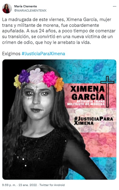 La Fiscalía capitalina ya investiga este crimen en contra de la activista Ximena García.