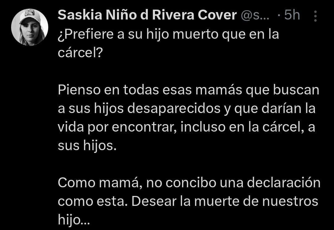 Crítica de Saskia Niño de Rivera a la mamá de 'Fofo' Márquez. (Foto: Captura X)