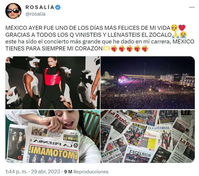 La cantante española compartió en Twitter las portadas de varios diarios que destacaron su concierto en el Zócalo