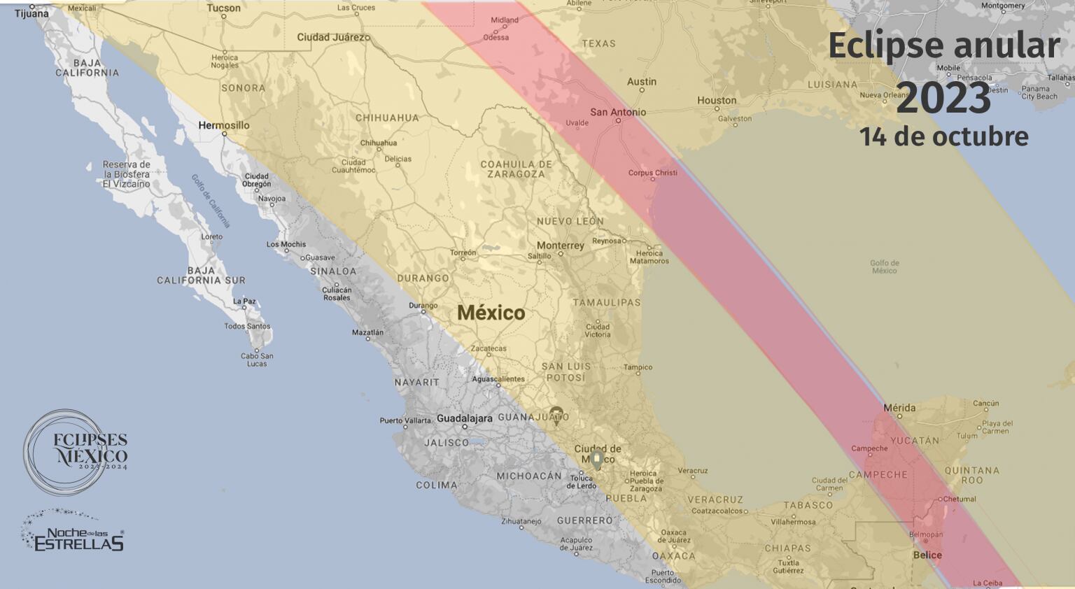 La linea roja indica la zona donde será visible el eclipse anular solar 2023.