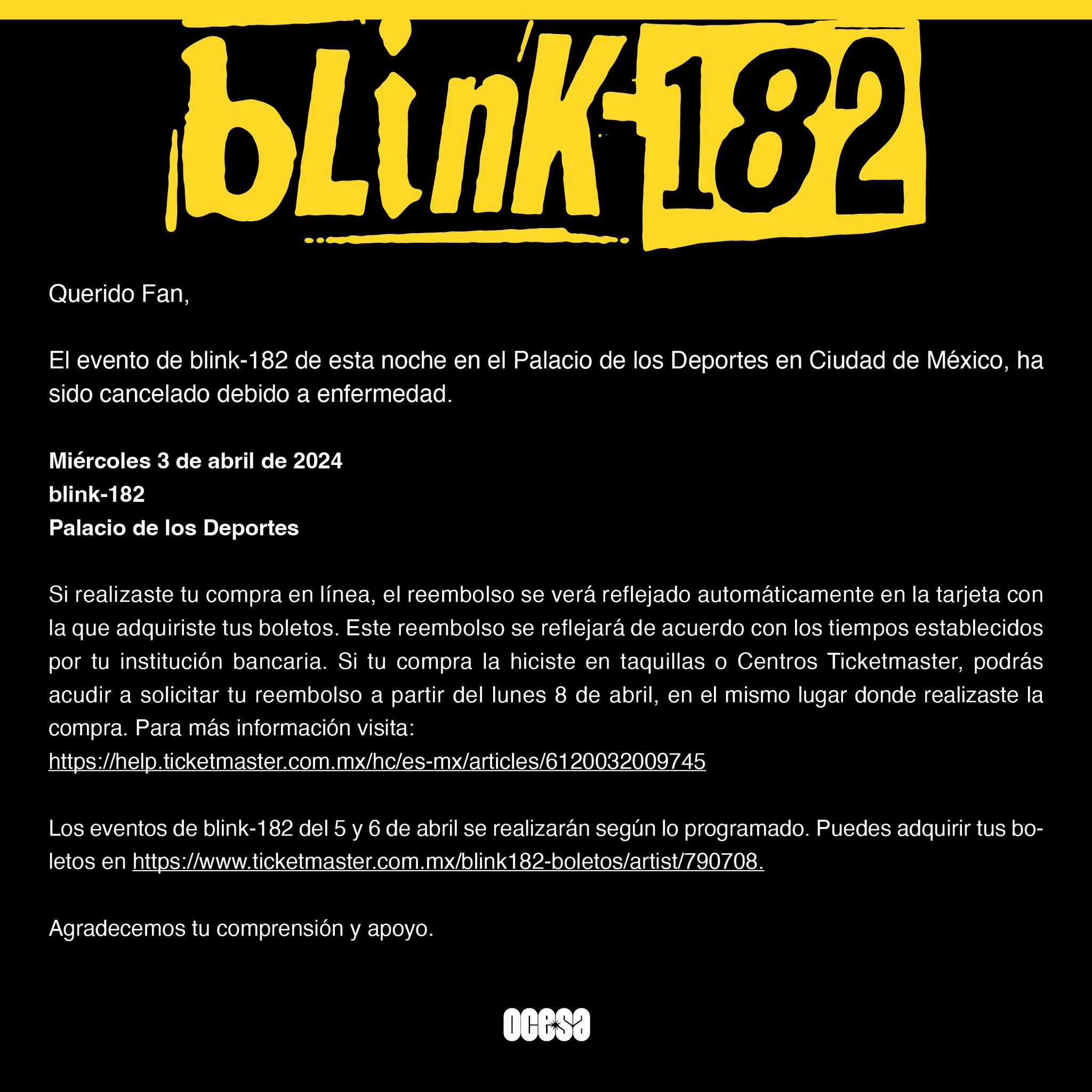 La banda Blink-182 anunció la cancelación de su segundo concierto en el Palacio de los Deportes de este miércoles 3 de abril. (Foto: x@ocesa_total)