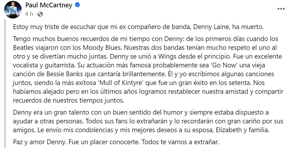 Mensaje de Paul McCartney sobre la muerte de Denny Laine. (Foto: Facebook / @Paul McCartney)
