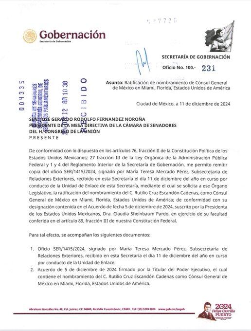 Rutilio Escandón es propuesto por la presidenta Claudia Sheinbaum como cónsul de México en Miami. 