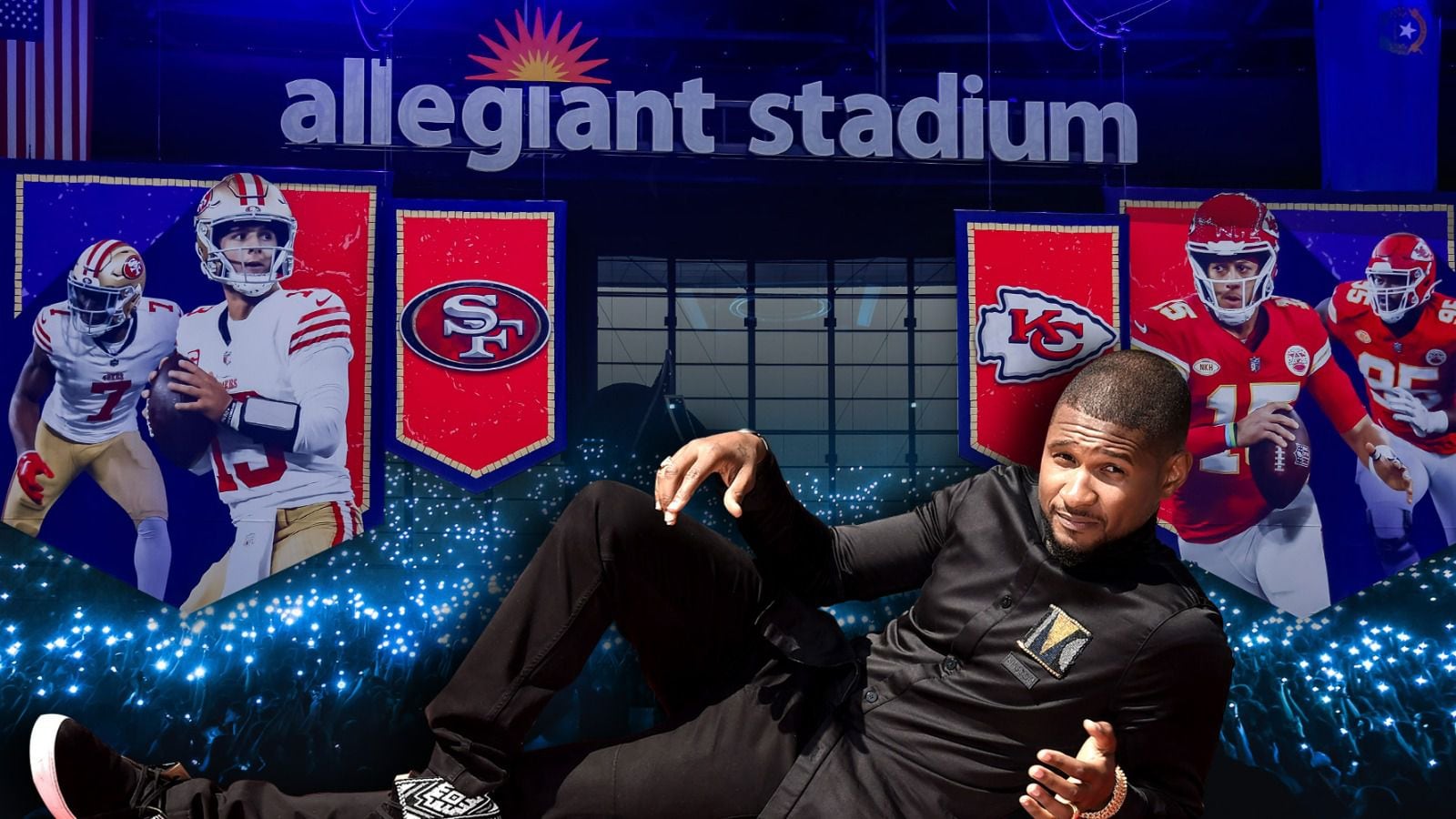 Usher es el artista principal que se presentará en el show de medio tiempo del Super Bowl 58. (Fotoarte: Andrea López Trejo / El Financiero).