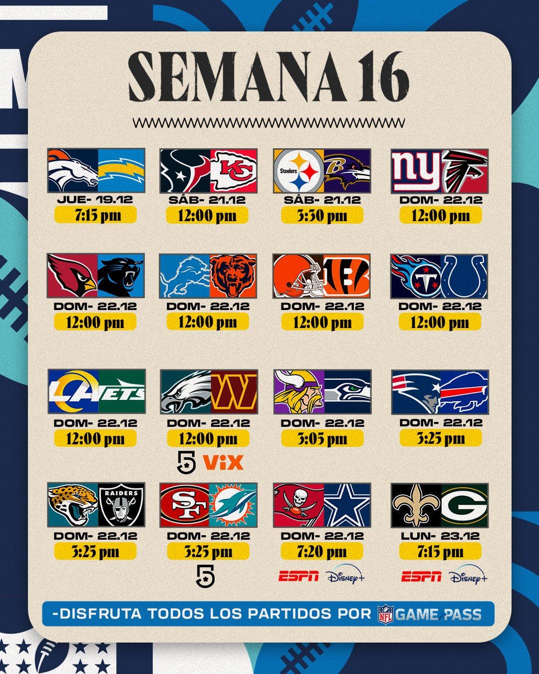 La semana 16 de la NFL llega con cuatro días de deporte en camino a los playoffs. (Foto: X @nflmexico)