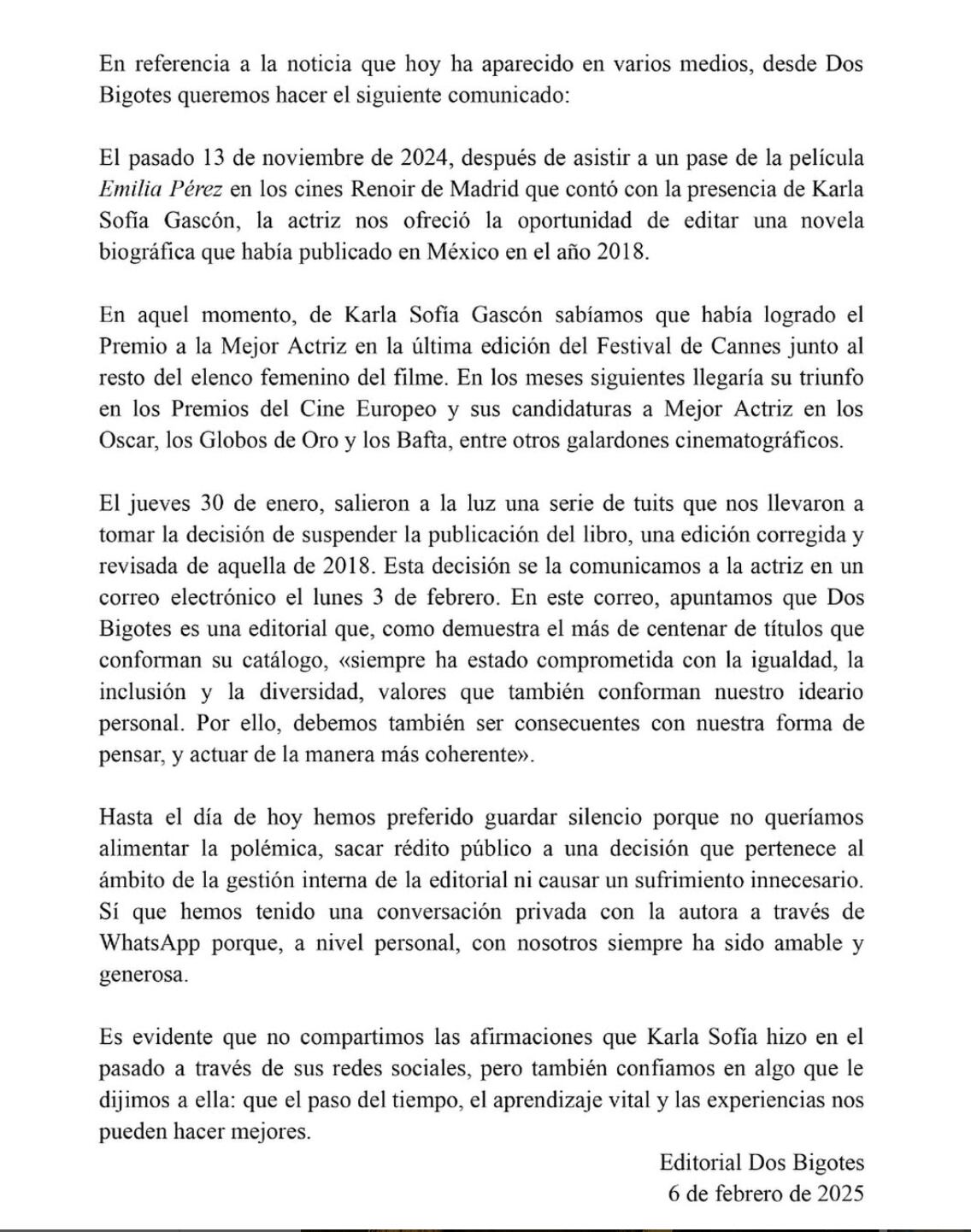 Editorial cancela producción de libro de Karla Sofía Gascón. (Foto: Instagram @editorialdosbigotes)