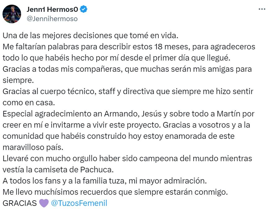 Mensaje de Jenni Hermoso sobre Pachuca femenil. (Foto: X / @Jennihermoso)