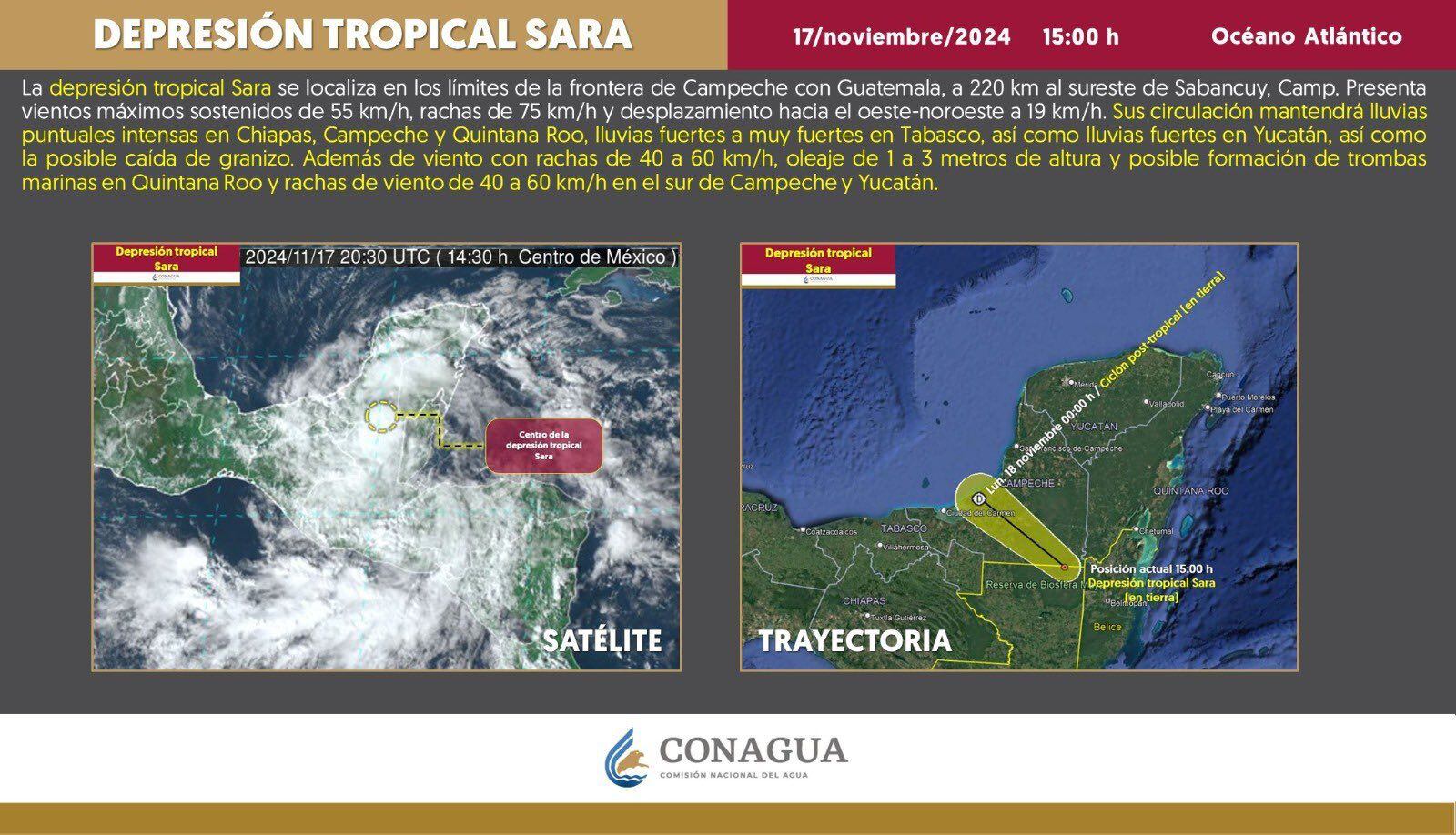 Trayectoria de la depresión tropical Sara [Fotografía. Conagua]