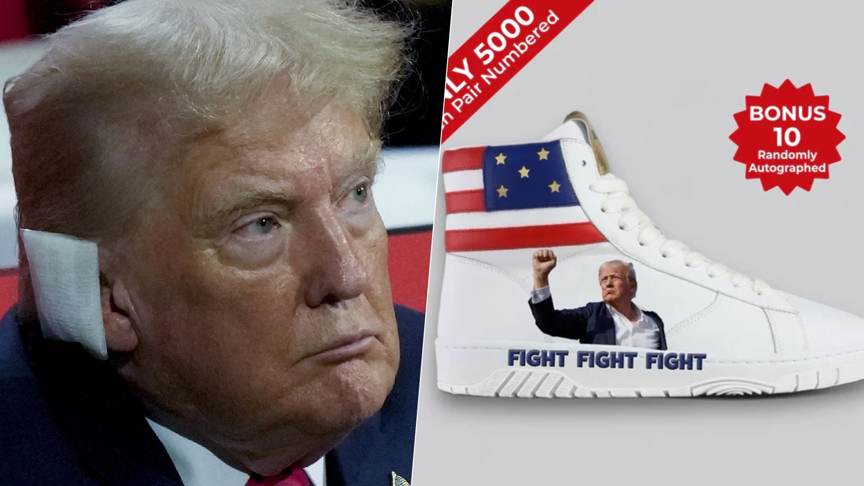 Donald ‘saca raja’ de su atentado: Trump Sneakers vende tennis con su cara ensangrentada