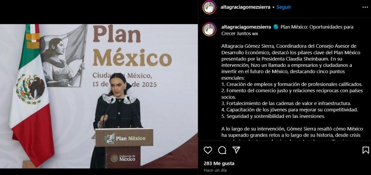 Altagracia Gómez en la presentación del Plan México el 13 de enero. (Foto: Captura de pantalla / Instagram)