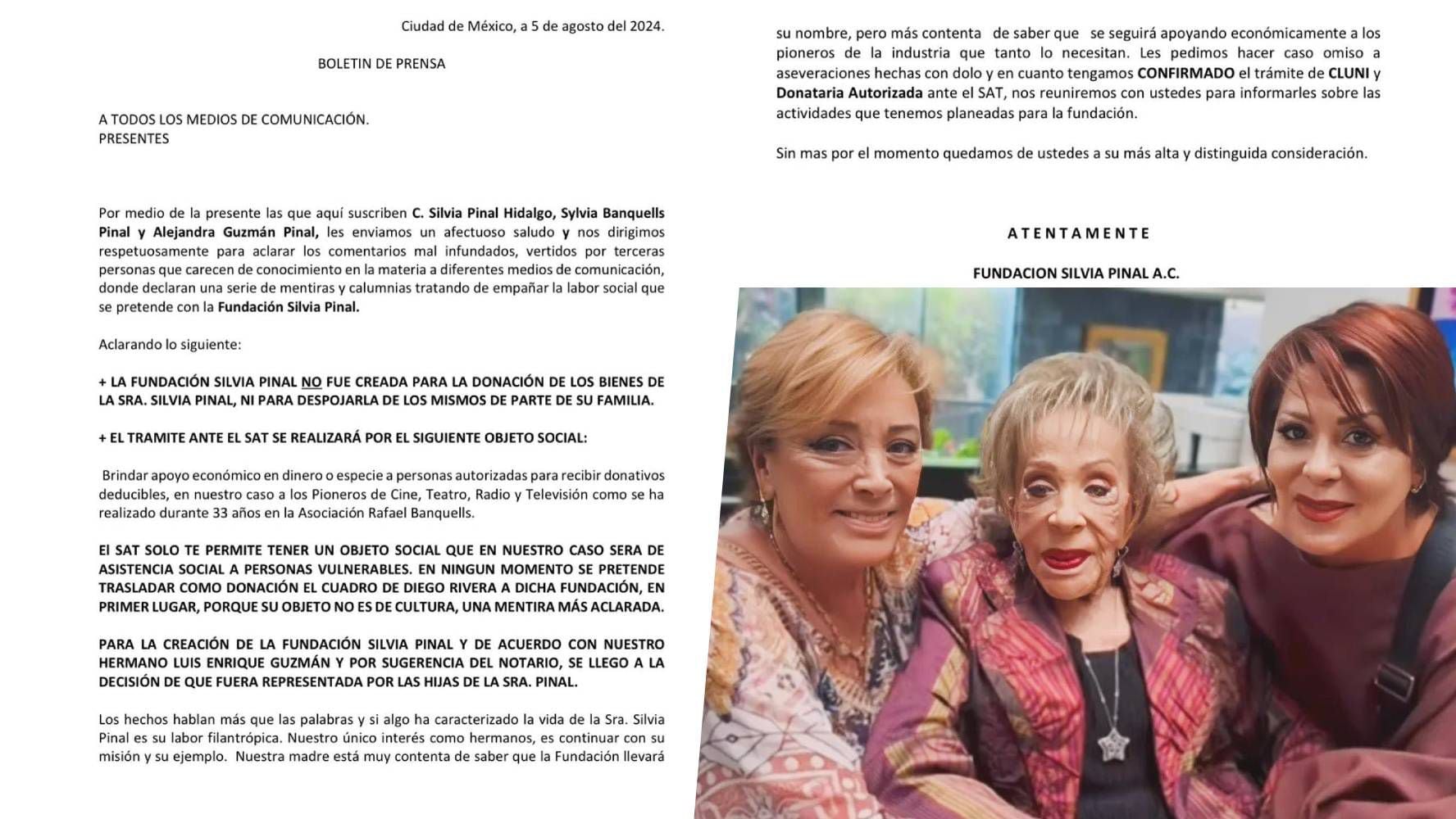 Sylvia Pasquel lanzó un comunicado para aclarar el estatus de la nueva Fundación Silvia Pinal. (Foto: Instagram @sylviapasqueloficial/ @silviapinal_oficial).