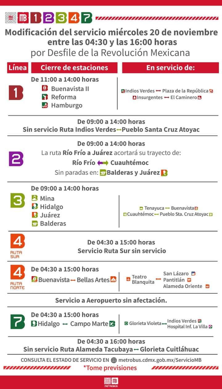 Rutas y horarios del Metrobús para el 20 de noviembre.