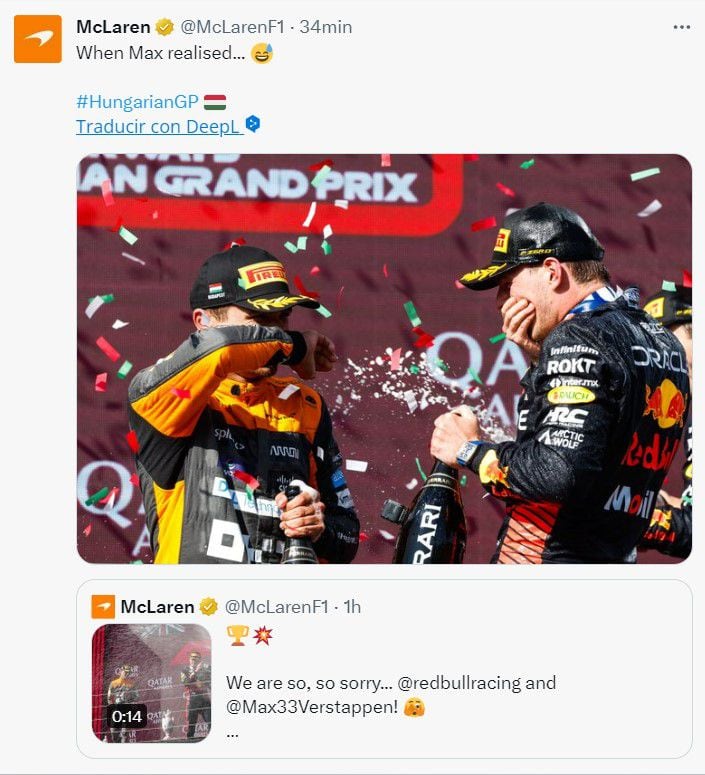 Max Verstappen se da cuenta de que Lando Norris rompió su trofeo.