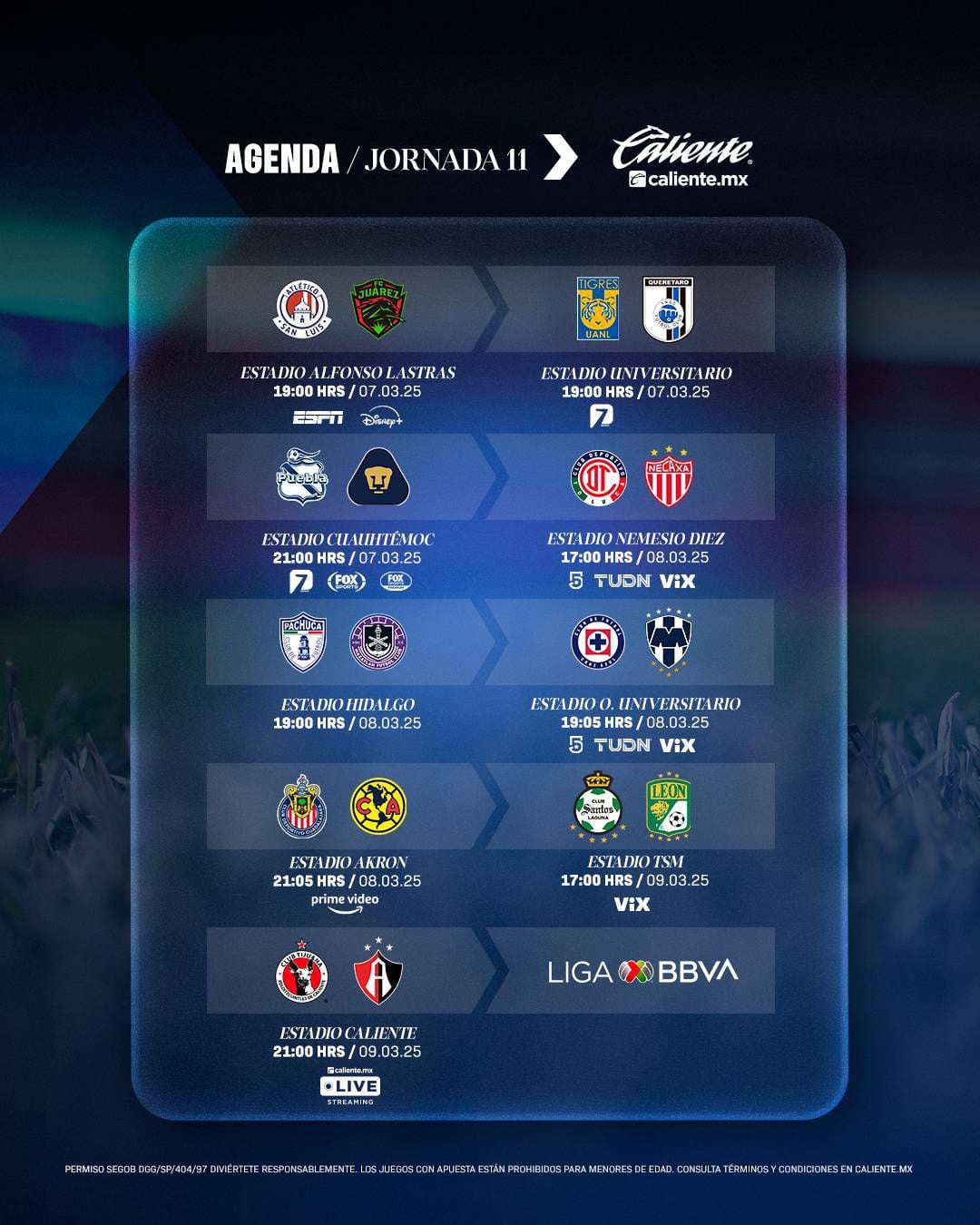 Calendario de partidos de la Jornada 11 en la Liga MX. (Foto: Liga BBVA MX)