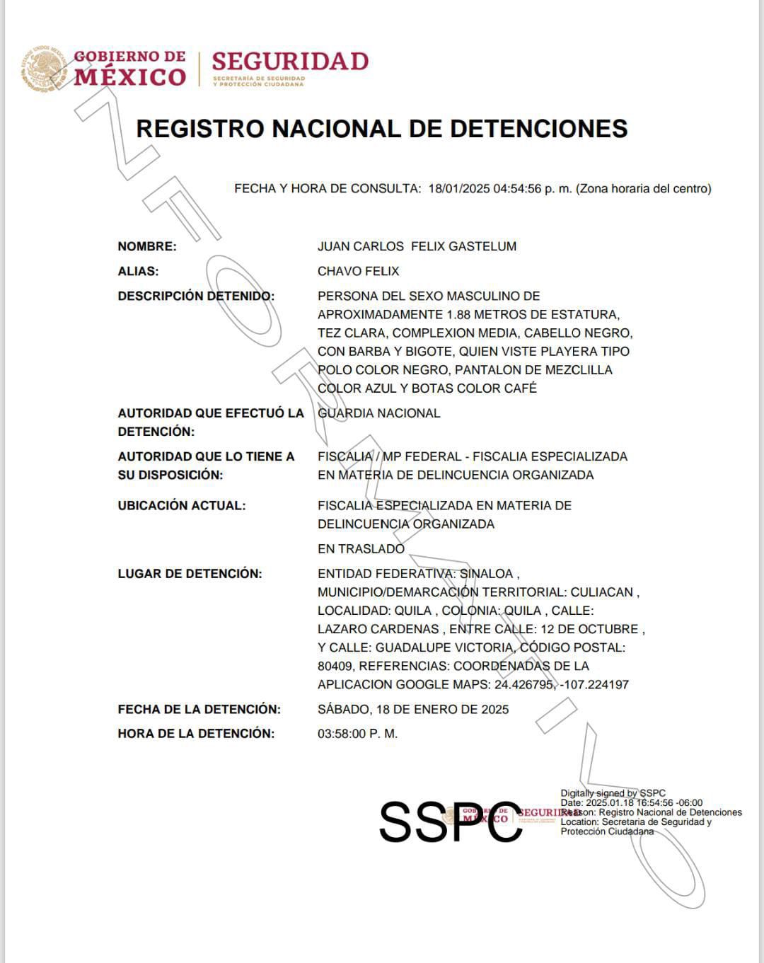 Fuerzas federales detuvieron a Juan Carlos Félix, 'El Chavo Félix', yerno de Ismael 'El Mayo' Zambada. (Fuente: SSPC)