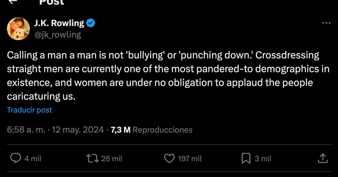 JK Rowling de nuevo fue acusada por comentarios en contra de personas trans. (Foto: X @jk_rowling)