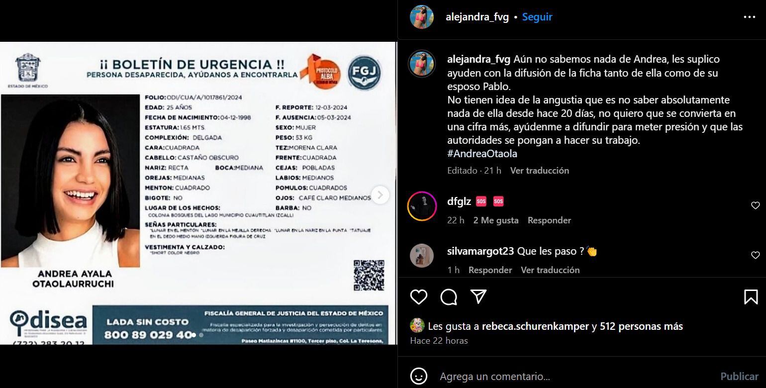 Publicación en Instagram de Alejandra García, amiga de Andrea Otaola. (Foto: Captura de pantalla)