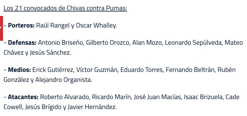 Fernando Gago incluyó al 'Chicharito' en la lista de 21 jugadores de Chivas para enfrentar a Pumas. (Foto: captura de pantalla de chivasdecorazon.com.mx).