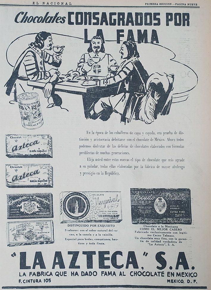 'Chocolates consagrados por la fama' era uno de los lemas de La Azteca, fábrica de chocolates mexicana, elaboró marcas como Carlos V y el chocolate de mesa Abuelita. Publicidad del 6 de julio de 1943. (Foto: Facebook / AGN).